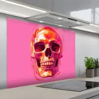 KitchenYeah Spatscherm 100x75 cm - Zelfklevende achterwand Felroze - Tanden - Schedel - Keuken muurbeschermer - Spatwand fornuis