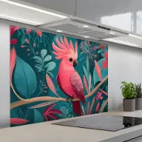 KitchenYeah Spatscherm 100x75 cm - Zelfklevende achterwand Kaketoe - Tropische bladeren - Tak - Keuken muurbeschermer - Spatwand fornuis
