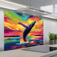 KitchenYeah Spatscherm 100x75 cm - Zelfklevende achterwand Zonsondergang - Walvis - Geschilderd - Kleurrijk - Keuken muurbeschermer - Spatwand fornuis