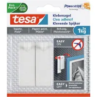 TESA zelfklevende spijkers - 2x st - wit - draagkracht 1 kg - voor gevoelige oppervlakken - voor behang en pleisterwerk - zonder schroeven