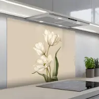KitchenYeah Spatscherm 100x75 cm - Zelfklevende achterwand Tulpen - Wit - Bladeren - Keuken muurbeschermer - Spatwand fornuis