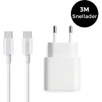 WISEQ USB C snellader met Quick Charge - inclusief 3 meter USB C naar USB C oplaadkabel 100W - geschikt voor iPhone 17 / 16 / 15 en Samsung Galaxy - wit -