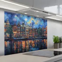 KitchenYeah Spatscherm 100x75 cm - Zelfklevende achterwand Grachten Amsterdam - Huizen - Stad - Kleurrijk - Keuken muurbeschermer - Spatwand fornuis