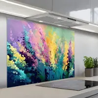 KitchenYeah Spatscherm 100x75 cm - Zelfklevende achterwand Dromerige - Langgerekte bloemen - Keuken muurbeschermer - Spatwand fornuis