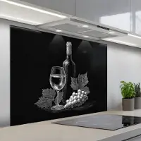 KitchenYeah Spatscherm 100x75 cm - Zelfklevende achterwand Wijnfles - Glas - Druiven - Bladeren - Keuken muurbeschermer - Spatwand fornuis