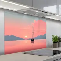KitchenYeah Spatscherm 100x75 cm - Zelfklevende achterwand Zeilboot - Roze zee - Zonsondergang - Bergen - Keuken muurbeschermer - Spatwand fornuis