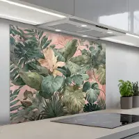 KitchenYeah Spatscherm 100x75 cm - Zelfklevende achterwand Compositie van bladeren - Groen - Roze - Keuken muurbeschermer - Spatwand fornuis