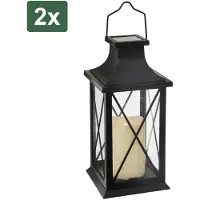 Atmosphera 2x Solar tuin lantaarn - zwart - kunststof/glas - 14 x 14 x 28 cm - buiten - Led kaars licht