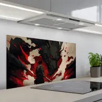 KitchenYeah Spatscherm 100x50 cm - Zelfklevende achterwand Krijger - Draak - Zwart - Rood - Rook - Keuken muurbeschermer - Spatwand fornuis