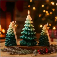 MMOBIEL Set van 3 Kerstboom Kaarsen van – Handgemaakte Soja Wax Geurkaarsen in Groot, Medium & Klein - Jeneverbes & Lavendel Geur – Kerstdecoratie voor Binnen - Cadeau Ideeën voor Kerst - Groen