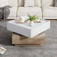 OKWISH Salontafels - Salontafel Met Lade En Draaibare Bovenkant - 2 Etages Opbergruimte - 60x60x38 cm - Spaanplaat - Onbehandeld