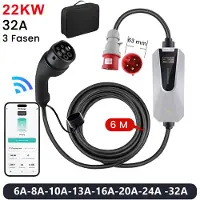 Hexinex Draagbare 22kW 32A 6M 3-Fase EV Laadkabel - Type 2 Laadpaal , APP-besturing, Schakelbare stroom - IEC62196-2 & IP65