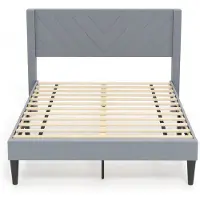 Costway Bedframe voor matras van 200 x 140 cm, fluwelen stof, gevoerd tweepersoonsbedframe, platformbed met hoofdeinde, houten lattenondersteuning, verstelbare voetkussens, grijs (model V, L)