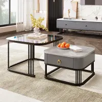 OKWISH Koffietafel - Vierkante 2 Delige Salontafel Set - Grijs Marmor Optiek Met Zwart Metalen Frame - Modern Voor Woonkamer - 60x60+50x50 cm - MDF + Metaal - Zwart en Grijs