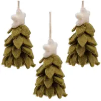 Sjaal met Verhaal Wolvilt Hangers Kerstbomen - Lichtgroen - Set 3 stuks - Fairtrade Homedeco - 10x5cm