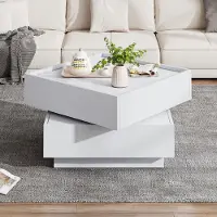 OKWISH Salontafels - Salontafel Met Lade En Draaibare Bovenkant - 2 Etages Opbergruimte - 60x60x38 cm - Spaanplaat - Wit