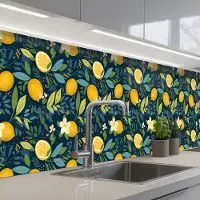 KitchenYeah Keuken achterwand 300x60 cm - Spatscherm zelfklevend Bloemen - Bladeren - Citroenen - Blauw - Muurbeschermer - Spatwand fornuis