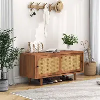 OKWISH Schoenenkasten - Rechthoekig 104x40x48cm - Schoenenkast Met 2 Deuren En Rattan Front - Modern Design Met Veel Ruimte - Voor Gang Of Entree - Spaanplaat - Natuurlijk