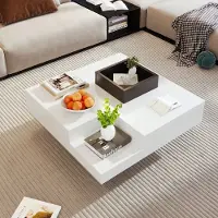 OKWISH Koffietafel - Salontafel Met LED Lichteffect En Uitneembare Opbergbox - Vierkante Woonkamer Tafel - 72x72x30 cm - Spaanplaat - Wit