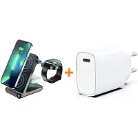 Ntech Draadloze Oplader 15w 3 in 1 met USB C Adapter / Oplader 20w - Oplaadstation Opvouwbaar - Draadloze snellader - Qi Lader - Zwart
