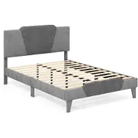 Costway Tweepersoons Gestoffeerd Platformbed Fluwelen Bedframe met Hoofdeinde Massief Houten Lattenbodem 140 x 200 cm Grijs