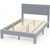Costway Bedframe voor matras van 200 x 140 cm, fluwelen stof, gevoerd tweepersoonsbedframe, platformbed met hoofdeinde, houten lattenondersteuning, verstelbare voetkussens, grijs (model kruisvorm, M)