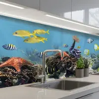 KitchenYeah Keuken achterwand 150x80 cm - Spatscherm zelfklevend Water - Koralen - Vissen - Lichtinval - Muurbeschermer - Spatwand fornuis