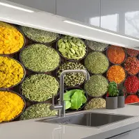KitchenYeah Keuken achterwand 150x60 cm - Spatscherm zelfklevend Kruiden - Schaaltjes - Kleurrijk - Textuur - Muurbeschermer - Spatwand fornuis