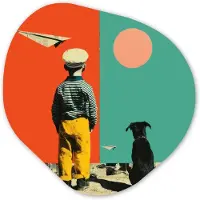 MuchoWow Organische wanddecoratie 90x90 cm - Organisch schilderij Retro - Jongen - Hond - Rood - Groen - Muurdecoratie woonkamer - Kamer decoratie - Schilderijen - Muurcirkel aesthetic