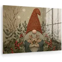 MuchoWow Glasschilderij 180x120 cm - Schilderij acrylglas - Kerstgnome - Konijntjes - Kleurrijk - Foto op glas - Muurdecoratie woonkamer - Wanddecoratie slaapkamer - Schilderijen