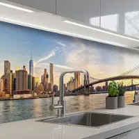 KitchenYeah Keuken achterwand 300x60 cm - Spatscherm zelfklevend Skyline - New York - Brug - Wolkenkrabbers - Muurbeschermer - Spatwand fornuis