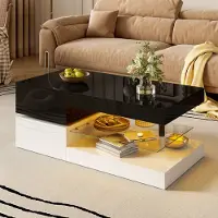 OKWISH Salontafels - Koffietafel Hoogglans Zwart-Wit Met LED-App & Bluetooth - 90x45x35,5 cm - Spaanplaat