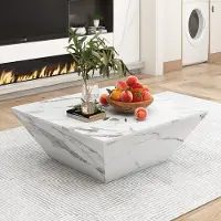 OKWISH Salontafels - Moderne Woonkamertafel Met 2 Lade En Marmorfurnier Oppervlak - 70x70x37 cm - MDF - Wit