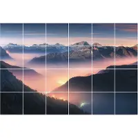 Wallfluent Tegelstickers - Berglandschap Bij Schemering Tegelfolie - Set van 24 stuks 10 x 10 cm - Blauw Tegelstickers Keuken - Mozaïek Landschappen Tegelstickers WC