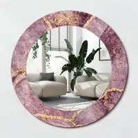 Wallfluent Bedrukte Ronde Spiegel - Ronde Spiegel Lijst Met Print Imitatiemarmer - 50 cm / 36 cm - Gouden - Gouden Ronde Spiegel Met Print - Badkamerspiegel - Gangspiegel - Eetkamer - Wandmontage