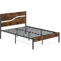 Costway Metalen bedframe voor matrassen van 200 x 140 cm, industrieel platformbed met houten hoofdeinde en voeteneinde, lattenbodem en opbergruimte onder het bed, dubbel bedframe, rustiek bruin