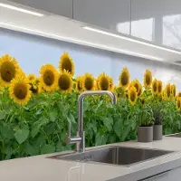 KitchenYeah Keuken achterwand 300x60 cm - Spatscherm zelfklevend Zonnebloemen - Geel - Natuur - Muurbeschermer - Spatwand fornuis