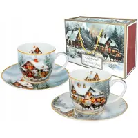 CARMANI Porseleinen Kopjes met Schotels - Winter Idylle, 2 stuks