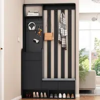 OKWISH Halkasten - Kapstok Met Schoenenbank En 4 Haken - Halmeubel Met Opbergruimte - 100x35x180 cm - MDF - Zwart
