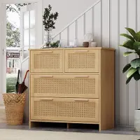 OKWISH Dressoirs - Dressoir Met 4 Lades Rattan - Modern Design Met Natuurlijke Accenten - Voor Slaapkamer Of Woonkamer - 80x80x38 cm - MDF - Naturel