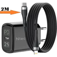 Ntech 25W USB C Adapter / Oplader met 2m USB C naar Lightning Nylon Kabel - Snellader