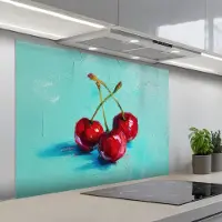 KitchenYeah Spatscherm 100x75 cm - Zelfklevende achterwand Kersen - Rood - Drie - Geverfd - Keuken muurbeschermer - Spatwand fornuis