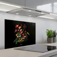 KitchenYeah Spatscherm 70x55 cm - Zelfklevende achterwand Bloemen - Vaas - Kleurrijk - Keuken muurbeschermer - Spatwand fornuis