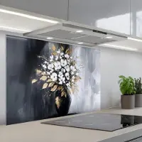 KitchenYeah Spatscherm 90x60 cm - Zelfklevende achterwand Bloemen - Wit - Vaas - Abstract - Keuken muurbeschermer - Spatwand fornuis