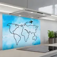 KitchenYeah Spatscherm 80x55 cm - Zelfklevende achterwand Aquarel - Blauw - Wereldkaart - Vliegtuig - Keuken muurbeschermer - Spatwand fornuis