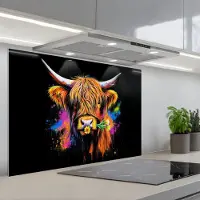 KitchenYeah Spatscherm 80x55 cm - Zelfklevende achterwand Schotse Hooglander - Graffiti - Kleurrijk - Bloem - Dieren - Keuken muurbeschermer - Spatwand fornuis
