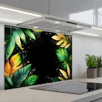 KitchenYeah Spatscherm 90x60 cm - Zelfklevende achterwand Bladeren - Groen - Geel - Verf - Jungle - Keuken muurbeschermer - Spatwand fornuis