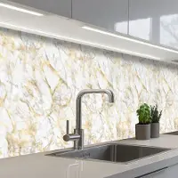 KitchenYeah Keuken achterwand 400x60 cm - Spatscherm zelfklevend Marmer - Wit - Expressief - Goudaccenten - Muurbeschermer - Spatwand fornuis