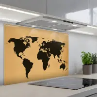 KitchenYeah Spatscherm 90x60 cm - Zelfklevende achterwand Wereldkaart - Grafisch - Zwart - Keuken muurbeschermer - Spatwand fornuis