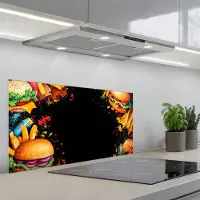 KitchenYeah Spatscherm 80x40 cm - Zelfklevende achterwand Fastfood - Graffiti - Hamburger - Eten - Modern - Keuken muurbeschermer - Spatwand fornuis
